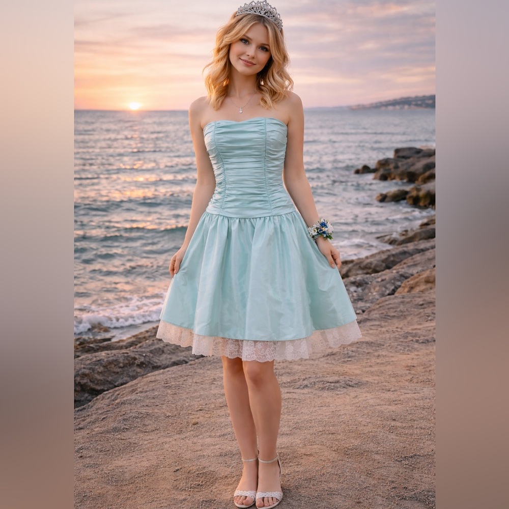 Alfred Angelo Light Blue Strapless VTG 90s Prom Queen Dress with Lace Hem